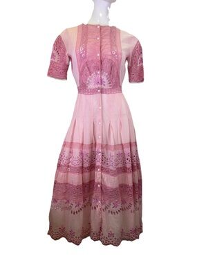 LoveShackFancy Pink Lace & Eyelet Midi Shirt Dress